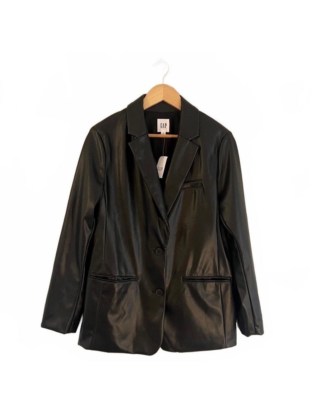 NWT Gap Black Vegan Faux-Leather Button Up Jacket Clean Girl Minimalist Fall
